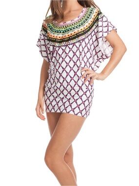 NWT Trina Turk White & Purple Patterned Swim Cover-Up Tunic (014)